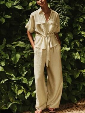 Zara Khaki Tie-Waist Textured Utility Blouse